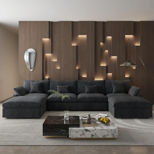 155.9 in. Square Arm 6-piece Linen Modular Sectional Sofa in. Black with Ottoman, Living Room Couch, Customizable Design
