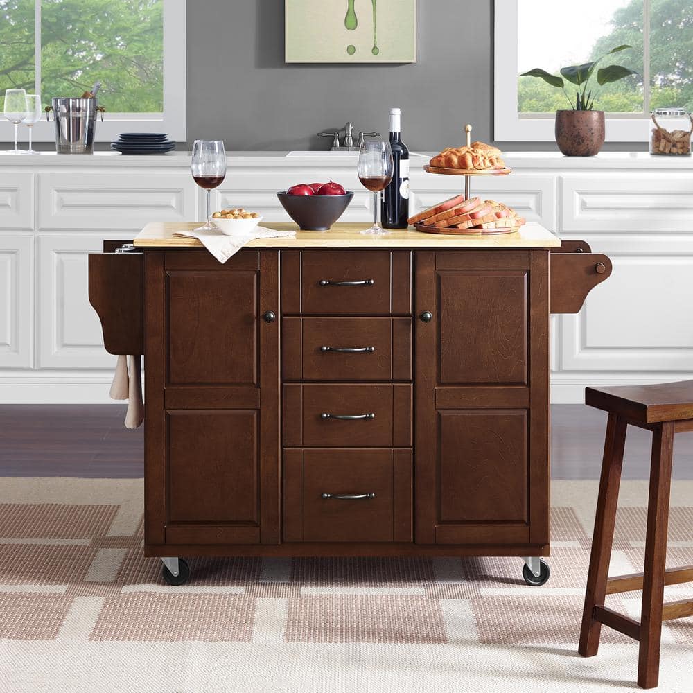 Eleanor 44" Mahogany Natural Wood Kitchen Cart with Spice Rack