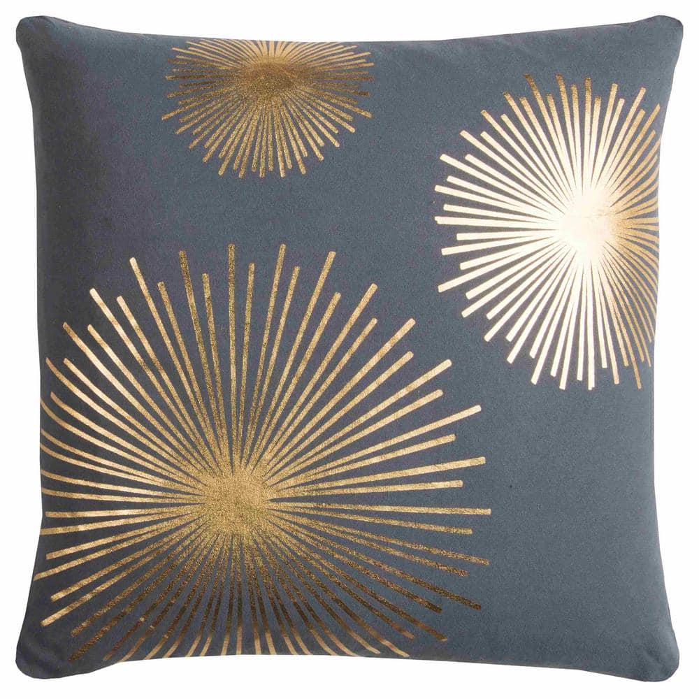 Gray/ Gold Metallic Foil Print Star Burst Cotton Poly Filled 20 in. x 20 in
