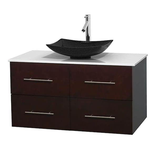 Wyndham Collection Centra 42 in. Vanity in Espresso with Solid-Surface Vanity Top in White and Black Granite Sink