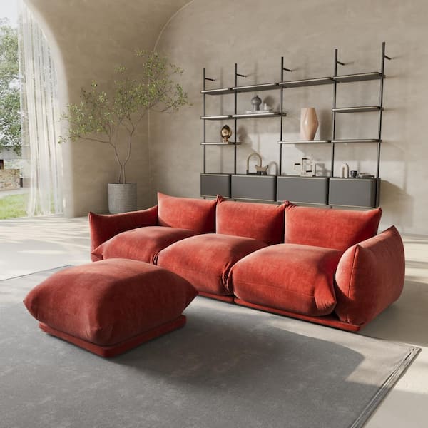 104 in. Flared Arm 4-Piece Chenille 3 Seater Modular Minimalist Convertible Couch Sectional Sofa with Ottoman in. Orange