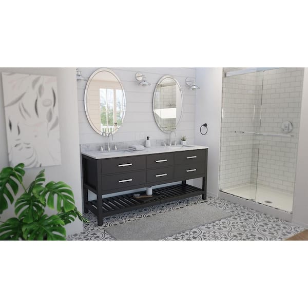 Valencia 72 in. W x 22 in. D x 34 in . H Oak Console Vanity with Rectangular Undermount Sinks Black with White Top