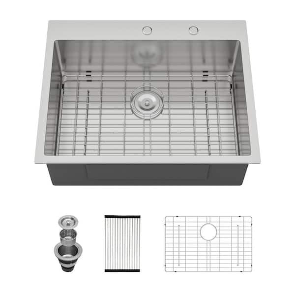 30 in. Single Bowl 16-Gauge Brushed Nickel Stainless Steel Round Corner Drop-In Kitchen Sink with Strainer