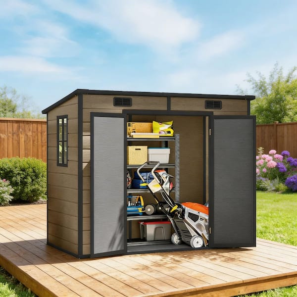 Brown 8 ft. W x 4 ft. D Resin Outdoor Storage Shed with Aluminum Frame, Window, Lockable Door and Floor (26 sq. ft. )