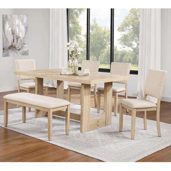 Caleb 6 Piece Light Oak MDF Wood Top Dining Table Set Seats-6 with Bench and Upholstered Chairs