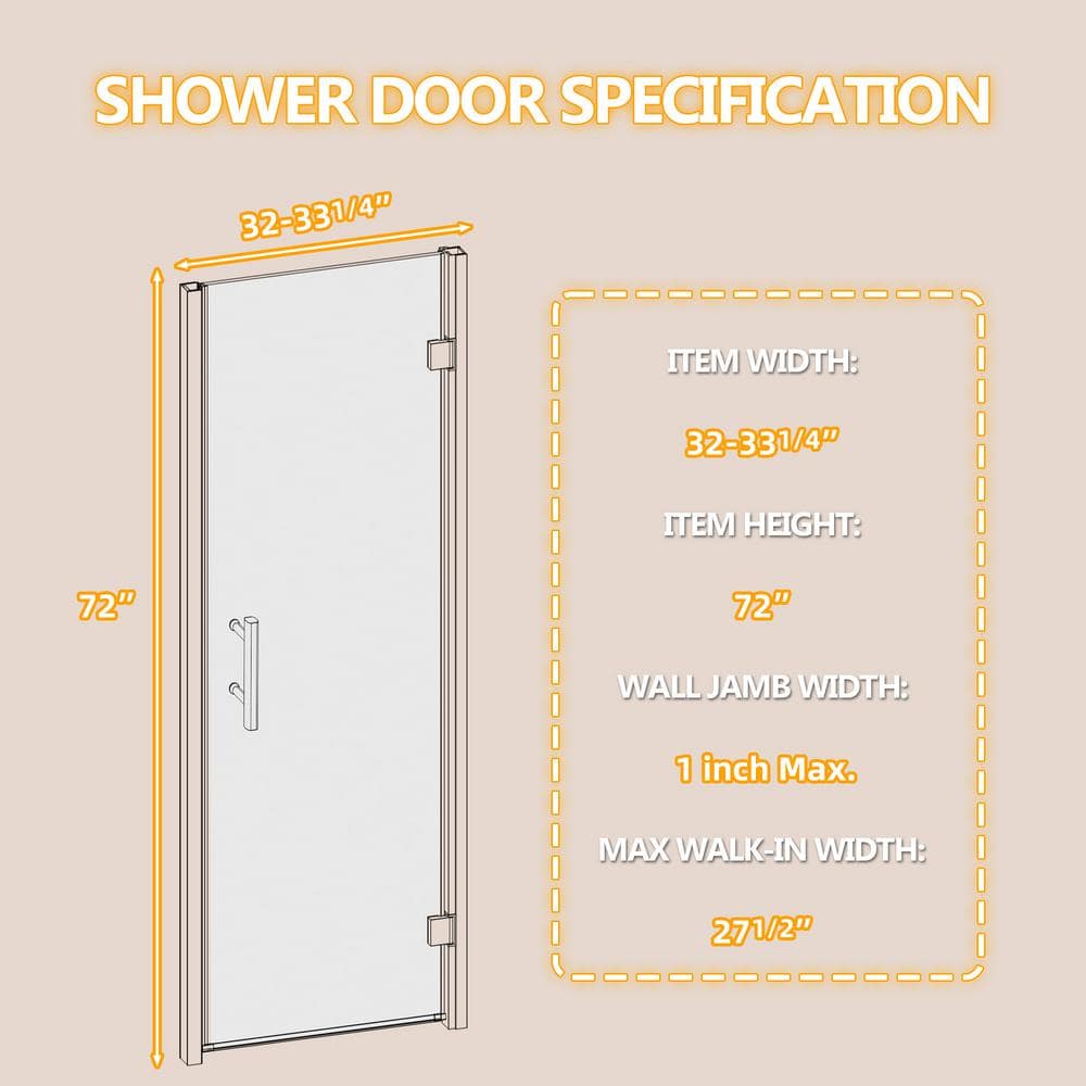 Matte Black Frameless Pivot Shower Door with Clear Glass, 32" x 72"