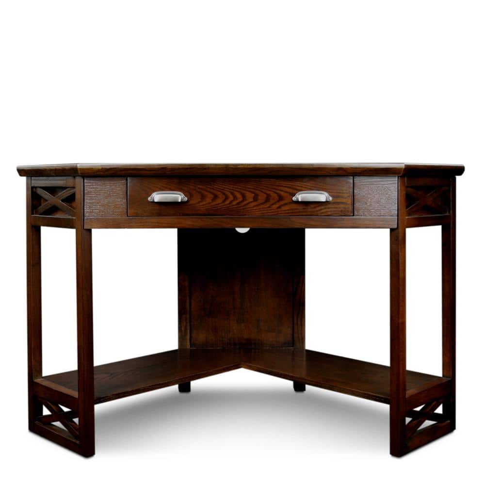 Chocolate Oak Corner Desk with Drawer and Shelf