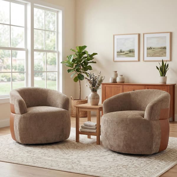 Louis Brown 360° Swivel Polyester Fabric Barrel Accent Chair, Round Arm Chair with PU Leather Accent (Set of 2)