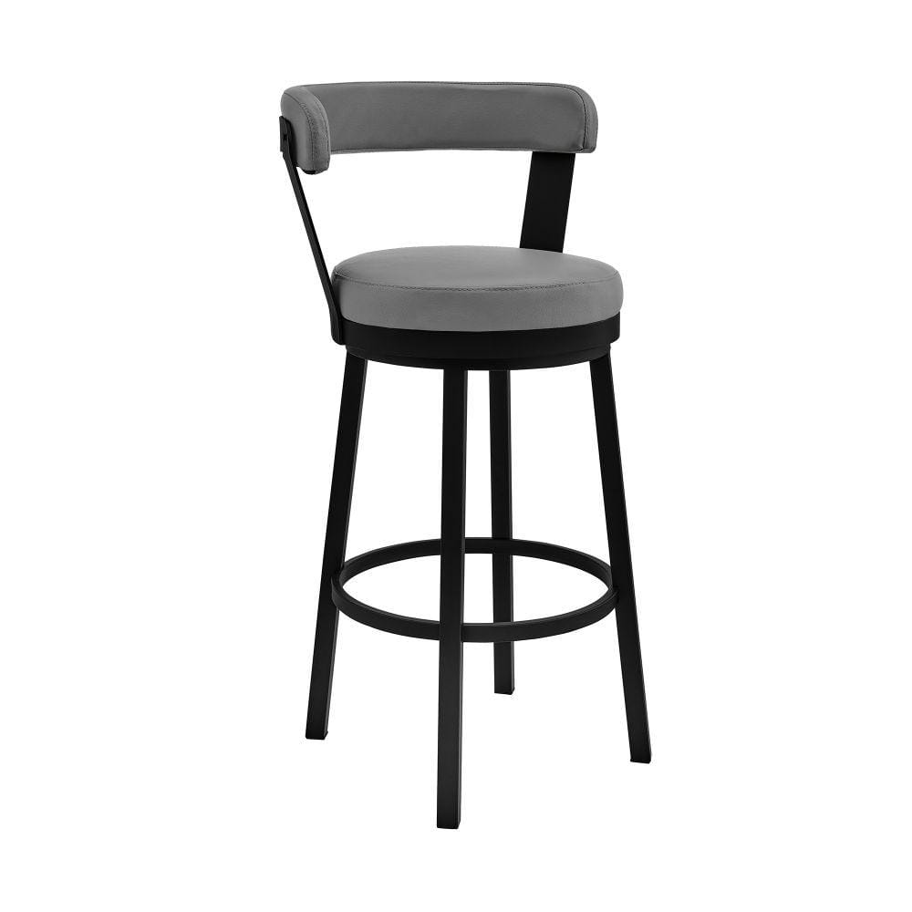 Benjara Emma 26 in. Gray and Black Low Back Metal Frame Swivel Bar Stool with Vegan Faux Leather