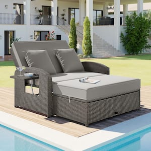 PE Wicker Outdoor Chaise Lounge with Gray Cushions 2-Person Reclining Daybed with Adjustable Back and Cushions