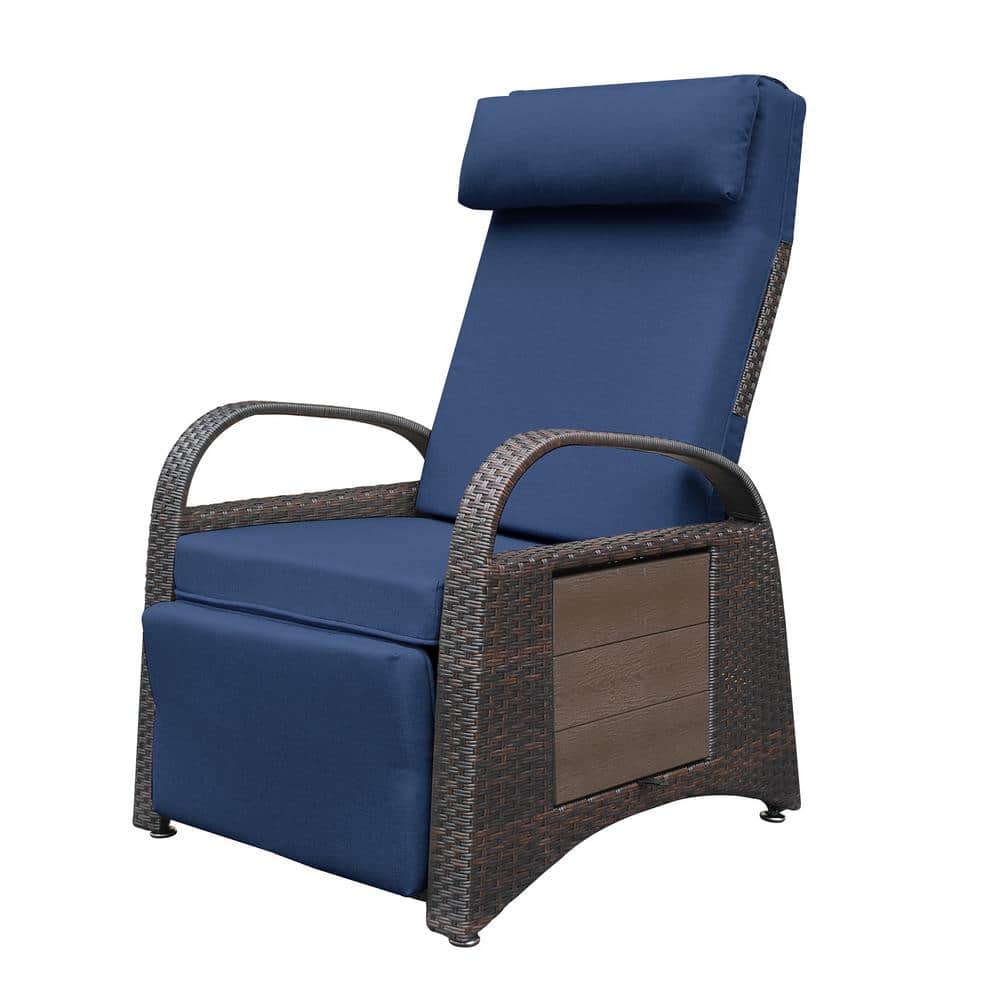 Cesicia Brown Wicker Outdoor Adjustable Lounge Chair with Blue Cushion ...