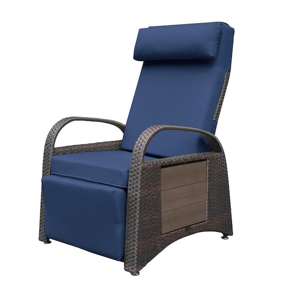 Cesicia Brown Wicker Outdoor Adjustable Lounge Chair with Blue Cushion