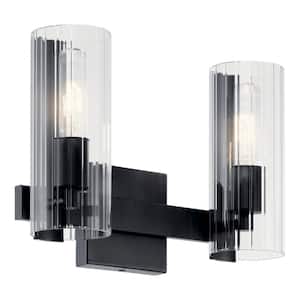 Jemsa 13.75 in. 2-Light Black Soft Modern Bathroom Vanity Light with Clear Fluted Glass