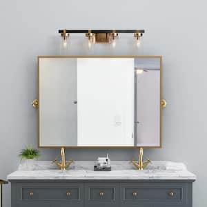 28 in. 4-Light Transitional Brass Bathroom Vanity Light, Modern Seeded Glass DIY Bath Light, Rustic Black Wall Light
