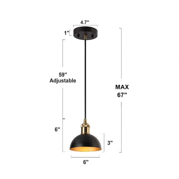 Zevni Modern 6 in. 1-Light Black Pendant Light Fixture, Brass Gold
