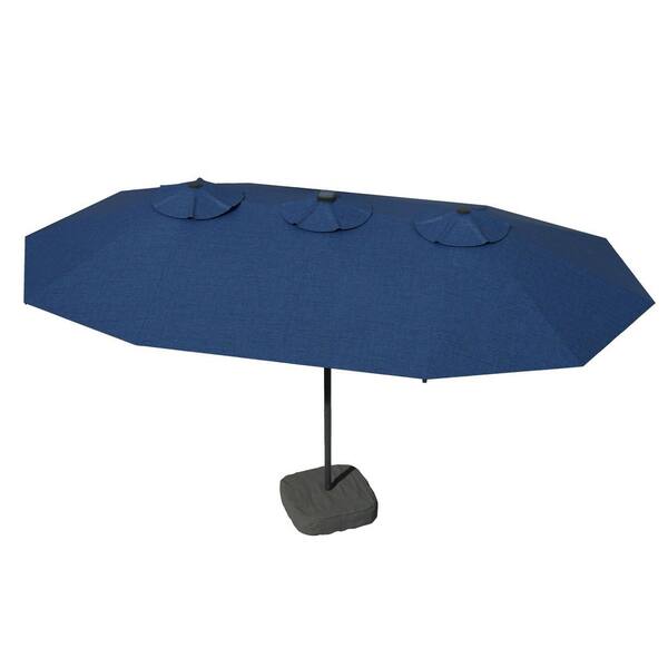 Alpine A 15 ft. Solar LED Outdoor Patio Double-Sided Market Patio Umbrella, UV Protection with Base in Navy Blue