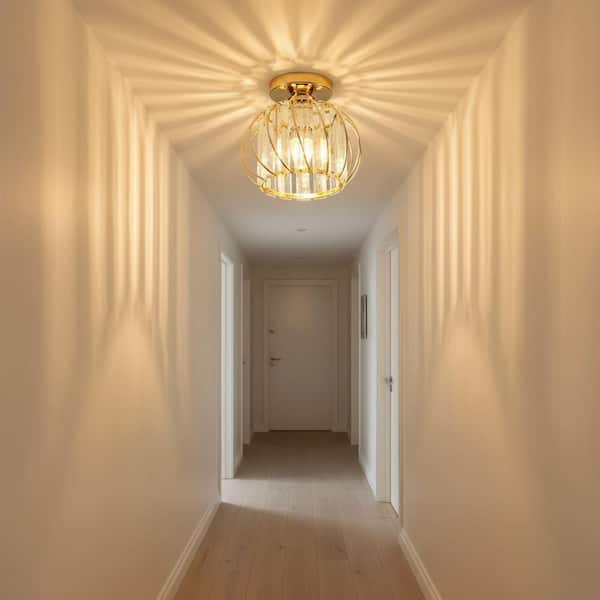 7.09 in. 1-Light Modern Gold Semi Flush Mount Ceiling Light Fixture with Clear Crystal Accents
