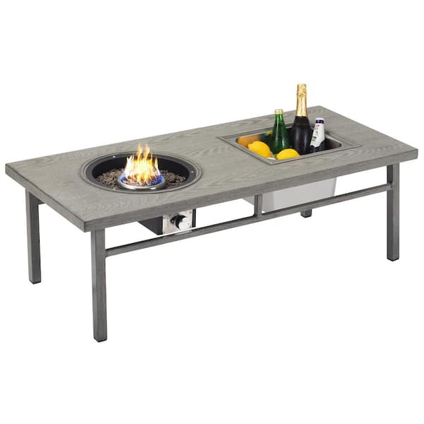 Cesicia 3-in-1 Outdoor Aluminum Dining Patio Firepit Table Propane Gas Fire Pit Table With Stainless Steel Ice Tub in Gray