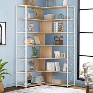 70.9 in. Oak Color Wood 7-Shelf Accent Bookcase with Metal Frame Home Office Industrial L-Shaped Corner Open Bookshelf