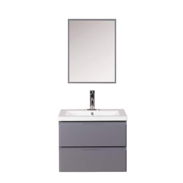 Decor Living Ariel 24 in. W x 18 in. D Floating Vanity in Gray with Cultured Marble Basin in White and Mirror