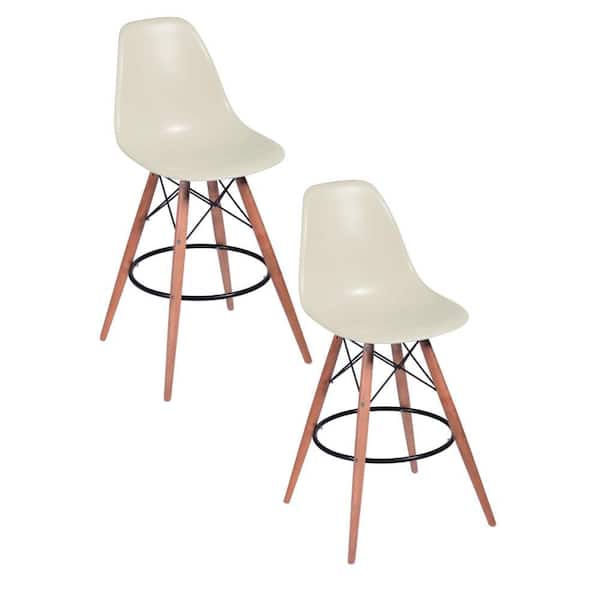 Benjara 30 in. Brown, White and Black High Back Wood Bar Stool with Plastic Seat (Set of 2)