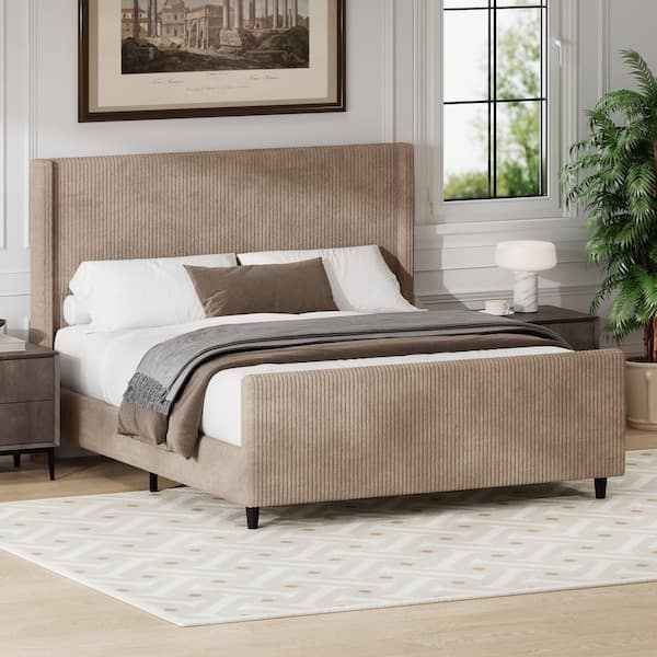 Noble House Doris Gray Wood Frame King Size Platform Bed with Wingback Headboard