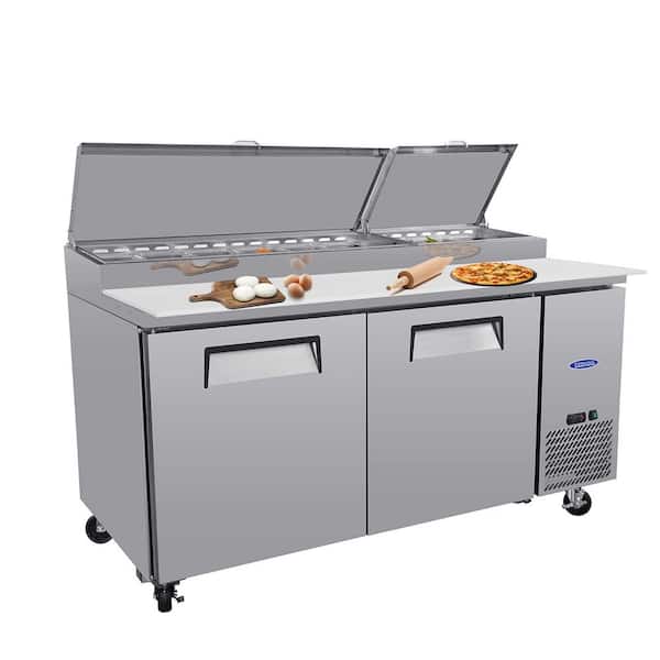67 in. Silver Commercial Pizza Prep Table w/ 20.3 cu. ft. Built-in Refrigerator, Cutting Board, Protection Lid, Casters