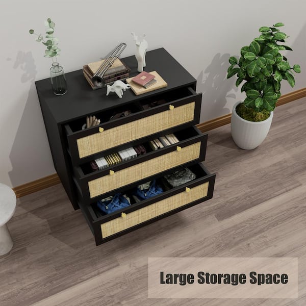 Aupodin 3-Drawer Black Chest of Drawers with Pine Wood Legs Farmhouse Rattan  Dresser (31.5 in. W x 36 in. H x 15.7 in. D) H0075 - The Home Depot
