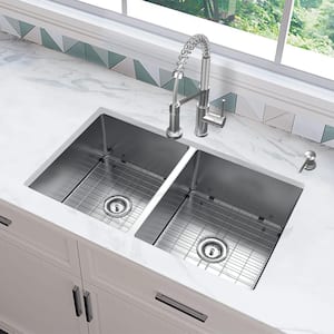 Tight Radius 31 in. Undermount 50/50 Double Bowl 18 Gauge Stainless Steel Kitchen Sink with Accessories
