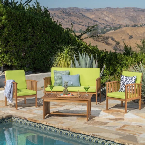 Unbranded Acacia Wood Outdoor Sectional Set with Water Resistant Cushions, 4-Piece Set, Brown Patina/Light Green for Yard Patio