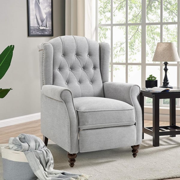 Gray Linen Tufted Push Back Recliner Chair Living Room Chair, Single Sofa Accent Recliner with Nailheads Roll Arm