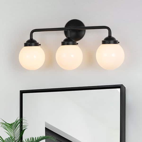 24.02 in. 3-Light Matte Black Vanity Light with Milky Glass Shade Modern Wall Sconces over Mirror Bathroom Light Fixture