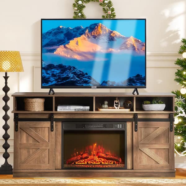 58.07 in. TV Stand with 23 in. Electric Fireplace Insert Sliding Barn Doors Open Shelve Cabinets and Remote Brown Finish