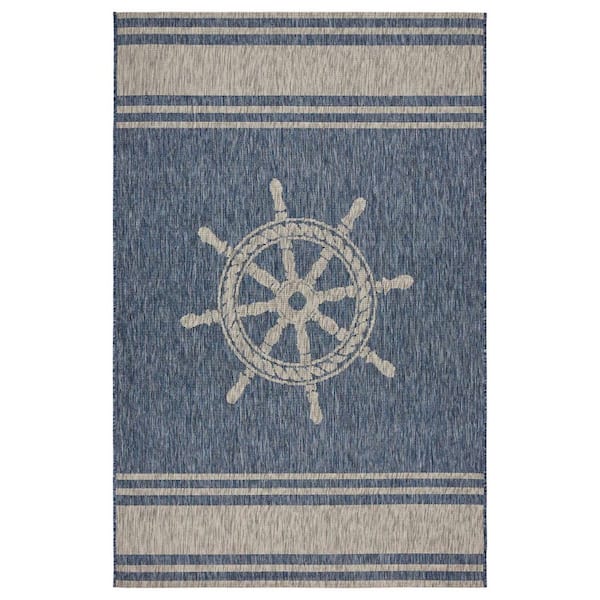Blue, Gray 3 ft. x 5 ft. Loomed Geometric Polypropylene Rectangle Indoor/Outdoor Area Rug