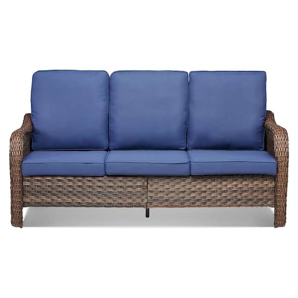 Buenaola Nyajiah Brown 1-Piece Wicker Outdoor Patio Sofa Couch with Blue Cushions