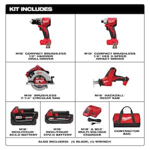 M18 18-Volt Lithium-Ion Brushless Cordless Combo Kit (4-Tool) with 2-Batteries, 1-Charger and Tool Bag with Flood Light