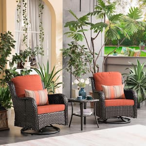 Moonlight Brown 3-Piece Wicker Patio Conversation Seating Sofa Set with Orange Red Cushions and Swivel Rocking Chairs