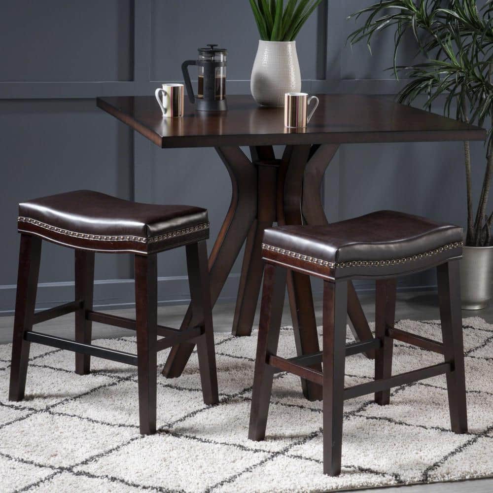Brown Wood Saddle Counter Stools with Dark Brown Upholstered Seat, Set of 2