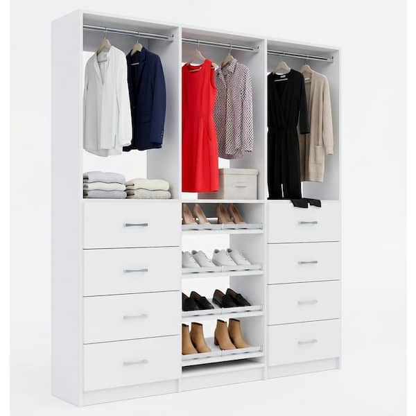 Alto 69 in. W White Tower System 2 4-Drawer with Hang and Shoe-Shelves with Hang 9-Shelf Wood Closet System