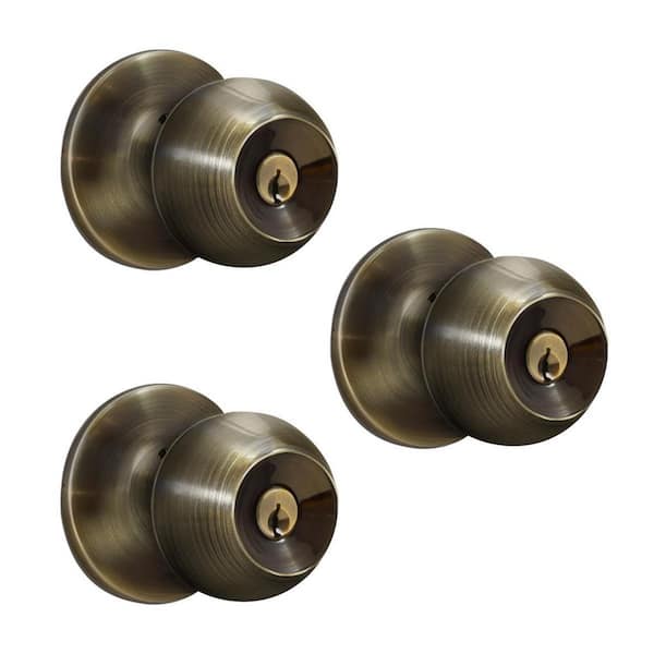 Premier Lock Antique Brass Entry Door Knob with 6 KW1 Keys (3-Pack, Keyed Alike)