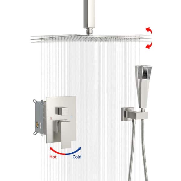 Dual Shower Head Ceiling Mount Square Shower System with Body Spray in Brushed Nickel (Valve Included)