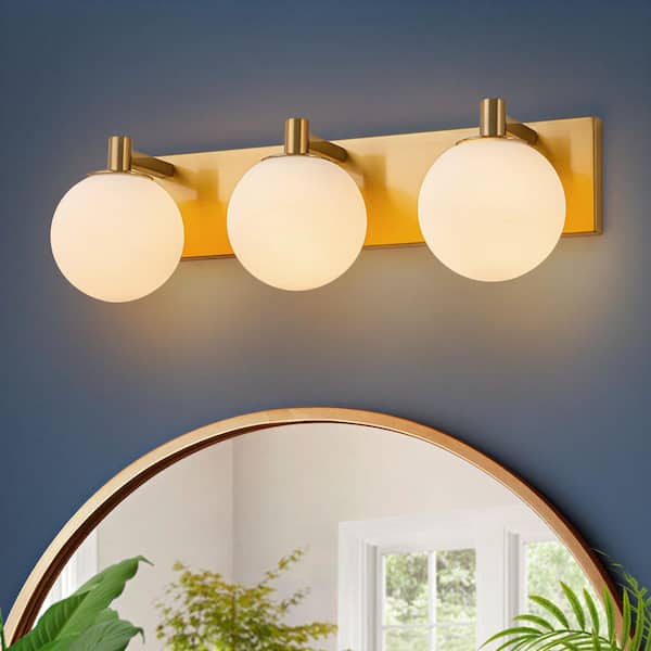 22 in. 3-Light Gold Bathroom Vanity Light with White Globe Glass Shade