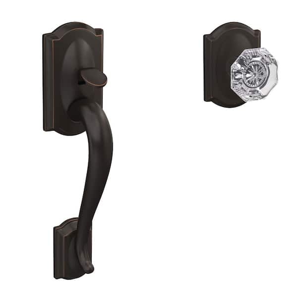Schlage Custom Camelot Aged Bronze Entry Door Handle with Alexandria Glass Door Knob and Camelot Trim