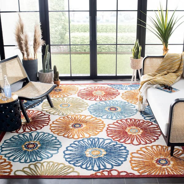 Cabana Cream/Red 8 ft. x 10 ft. Border Floral Indoor/Outdoor Patio  Area Rug