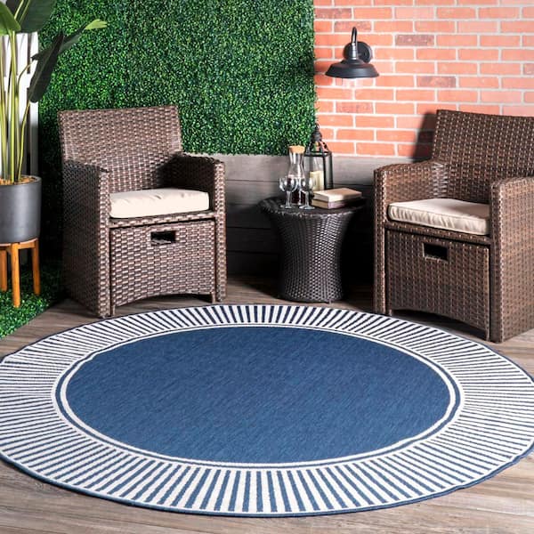 Striped Border Flatweave Navy 8 ft. Outdoor Area Rug