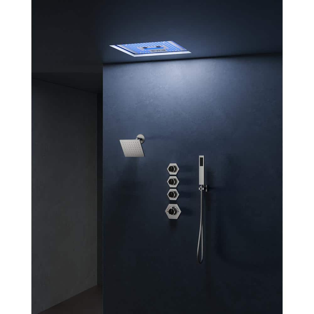 Brushed Nickel LED Thermostatic Dual Showerheads with Bluetooth Speaker