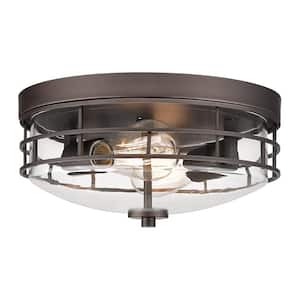 13 in. 2-Light Oil Rubbed Bronze Flush Mount with Clear Glass Shade and No Bulbs Included
