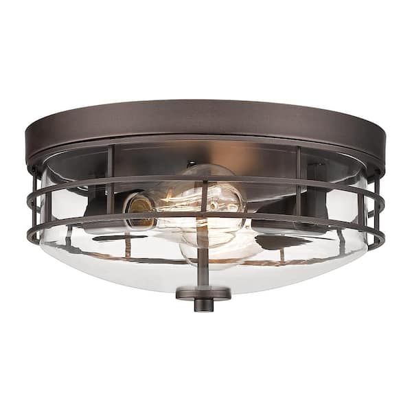 JAZAVA 13 in. 2-Light Oil Rubbed Bronze Flush Mount with Clear Glass Shade and No Bulbs Included