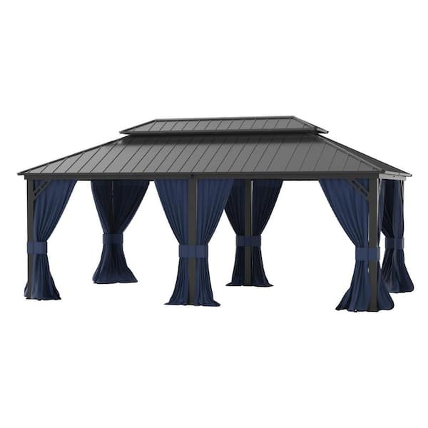 12 ft. x 20 ft. Navy Metal Hardtop Gazebo with Double Roof Pergola, Netting and Curtain Navy, Garden, Patio