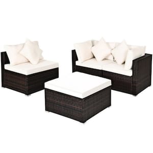 4-Piece Wicker Patio Conversation Set Garden Rattan Furniture Set with White Cushions and Ottoman